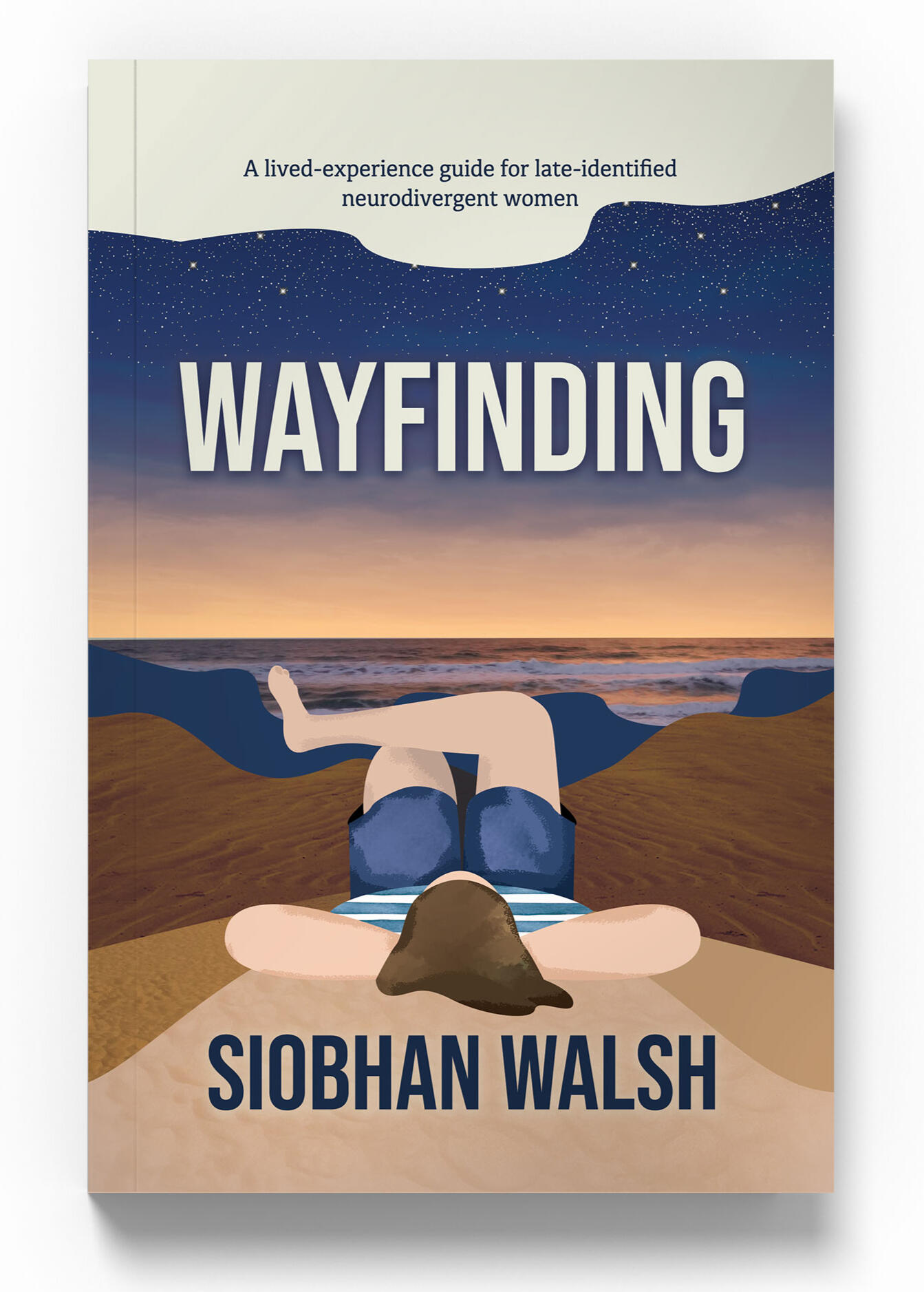 The cover of the forthcoming book Wayfinding. It depicts a woman lying on her back on a sandy shore, looking up at stars in the darkening sky.