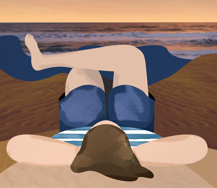 The cover of the forthcoming book Wayfinding. It depicts a woman lying on her back on a sandy shore, looking up at stars in the darkening sky.